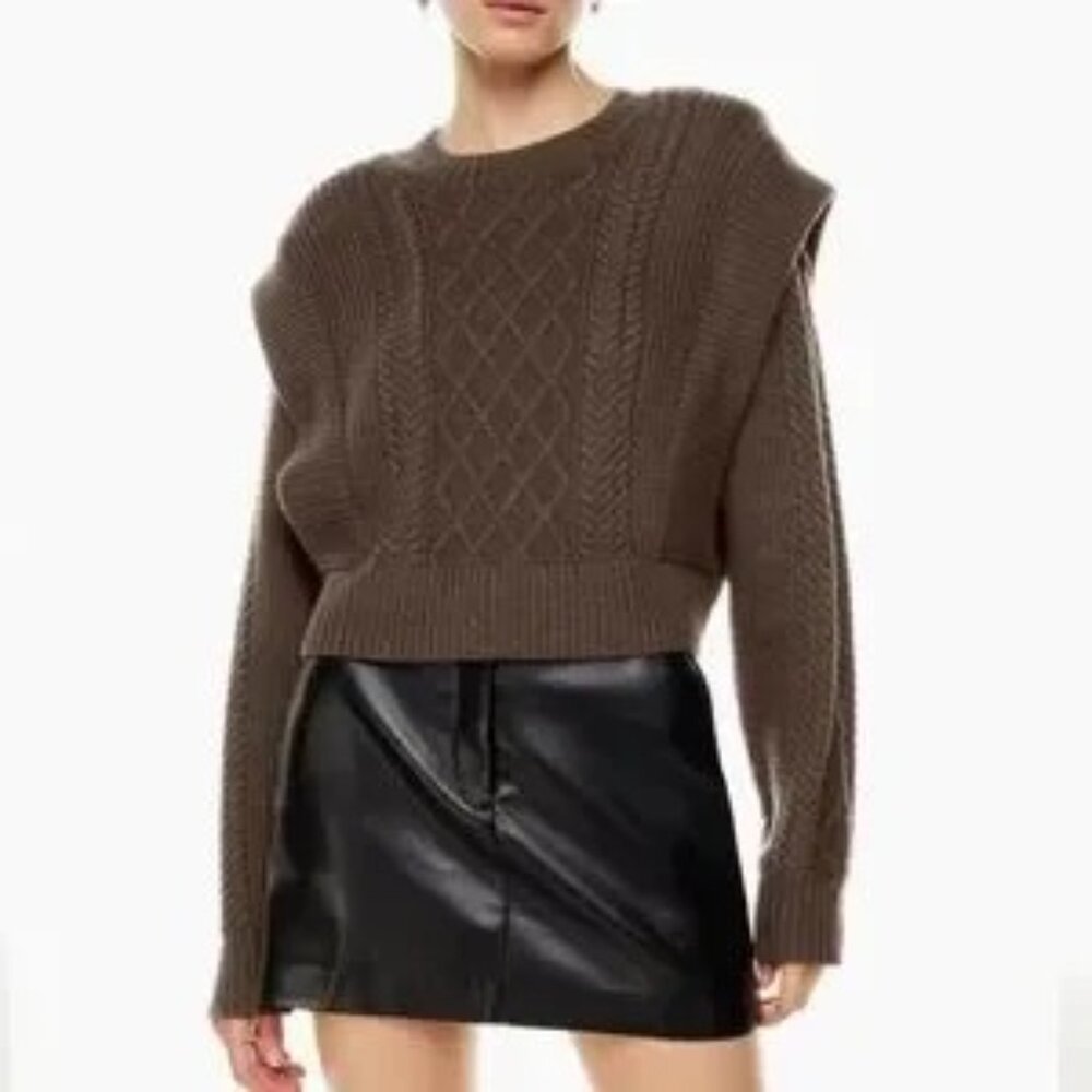 Aritzia Babaton Seek Cable Knit Shoulder Pad Sweater Rich Mocha Brown Size XS